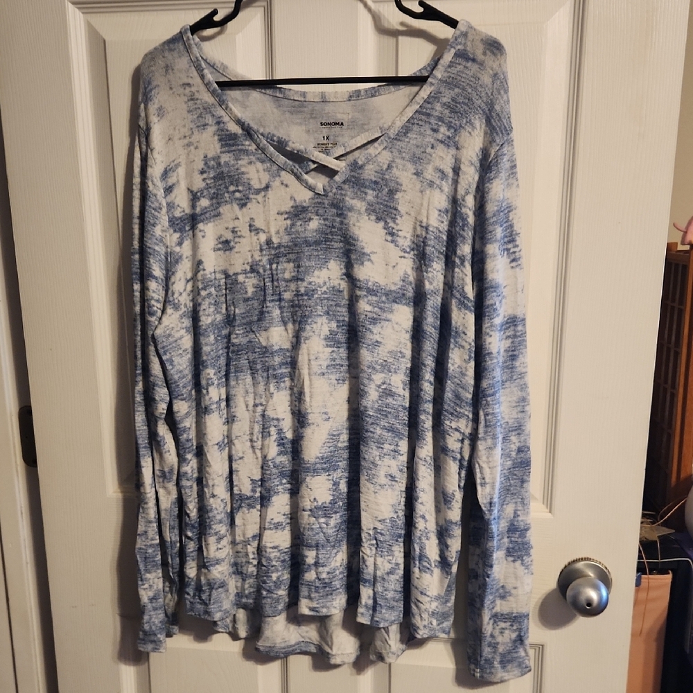 Sonoma Blue and White Long Sleeve Tie Front Tunic